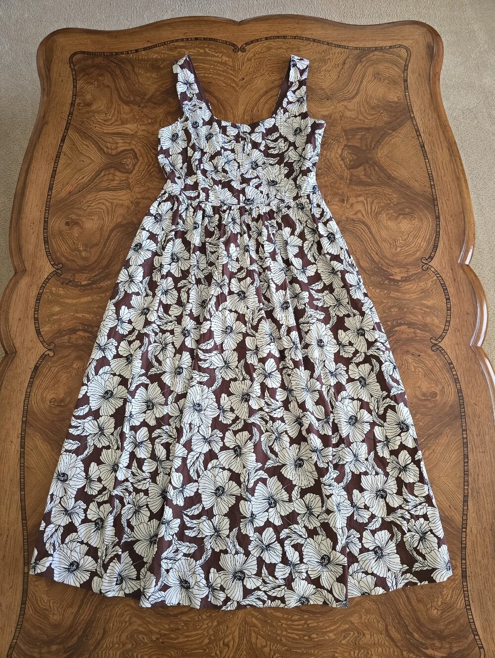 Joie Brown and White Floral Sleeveless Midi Dress Womens Size 2 Boho Pockets